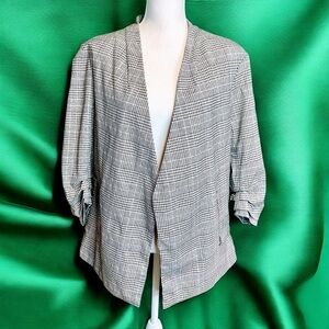 Joie Neutral Plaid Ruched Sleeve Open Front Collarless Blazer Women’s Size XL
